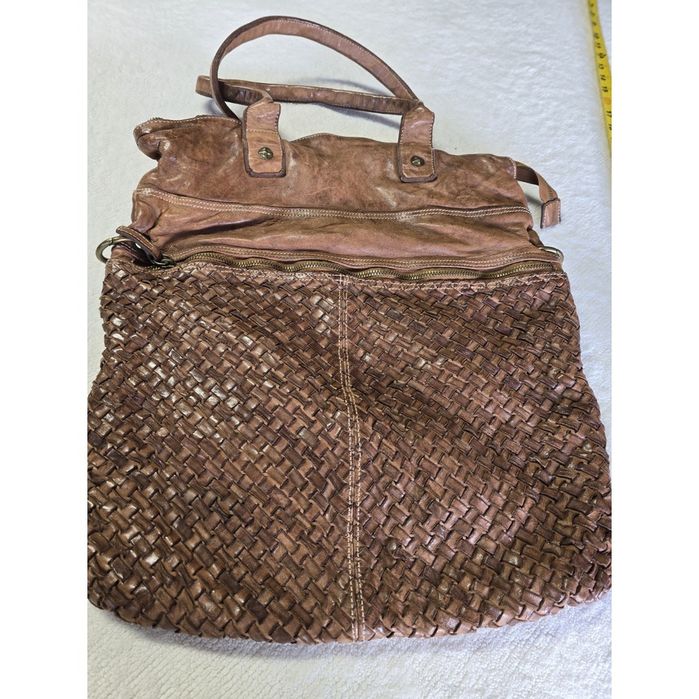 LANGELLOTTI Italy Brown Woven Leather Tote Bag Convertible Crossbody Backpack...